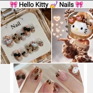 NEW 💖 10pcs HelloKitty & Leopard Print Resuable Short Press-On Nails Set
